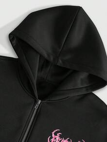 ROMWE MEN Goth Men's Letter Print Zip-Up Hoodie Casual Versatile Daily Wear Sweatshirt - Black - View 5