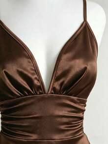 Franclia Women's Elegant Solid Satin Luxurious Spaghetti Strap Ruched Low-Cut Waist Dress - Coffee Brown - View 3