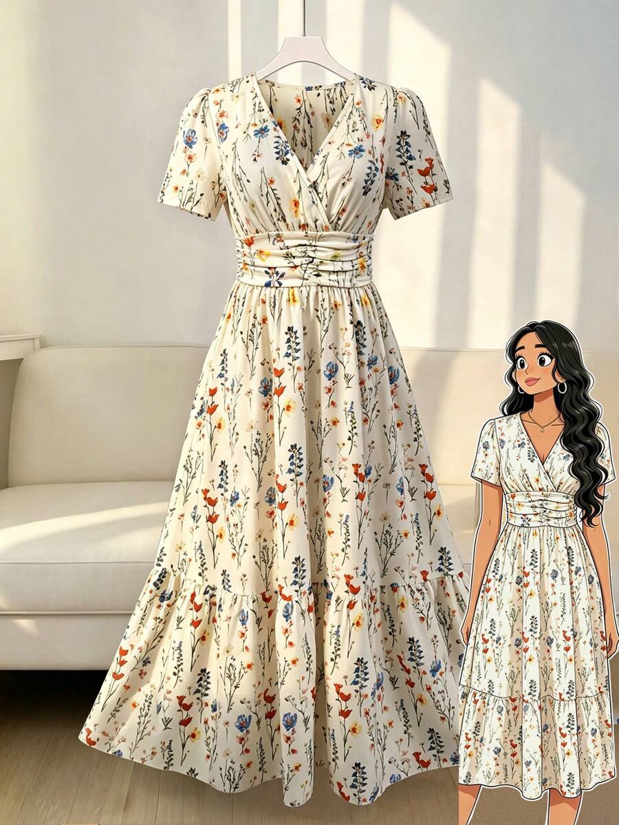 EMERY ROSE CURVE Plus Size Women's Spring/Summer Fashion Long Criss-Cross Dress - Apricot - View 1