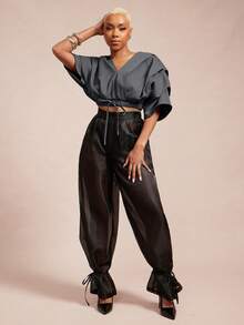 Vixey Solid Color Woven Pleated Structure Sleeve Cinched Waist Top, Work Office Top, Summer/Spring - Grey - View 3