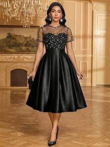 SHEIN Lady Plus-Size Elegant 1950s Vintage 1920s Party Formal Evening Cocktail Dress With Polka Dot Print, Mesh Paneling, Pleated Waist, Satin Hem Black - Black - View 8