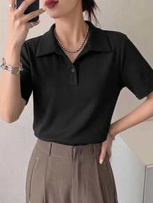 Livesso 女士宽松商务休闲优雅短袖Polo衫，适合春夏秋季穿着，办公/通勤皆宜。 - 黑色 - 查看 6