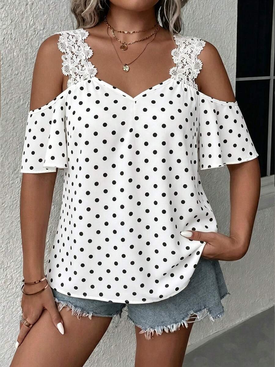 Reflora Plus Size Women's Lace Patchwork Sleeveless Off-Shoulder Polka Dot Pattern Elegant Blouse, Spring/Summer New Arrival