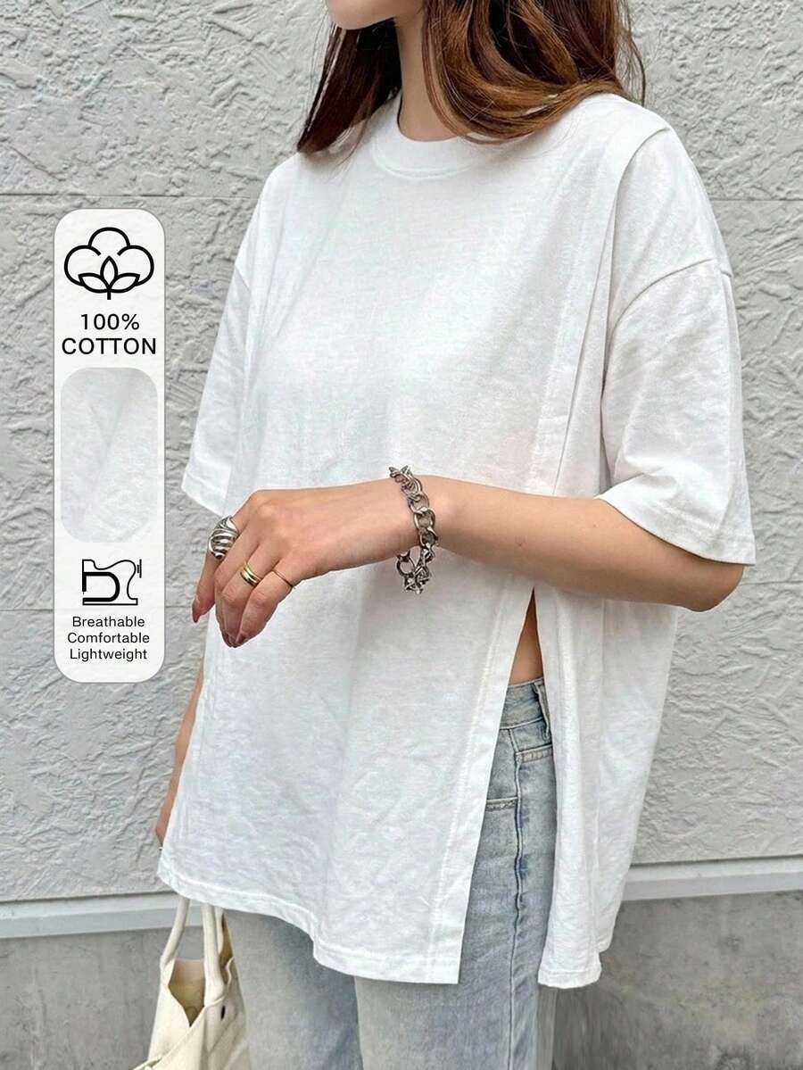 FRIFUL 女款夏季新款純色純棉側開衩寬鬆休閒百搭T恤 - 白色 - 查看 1