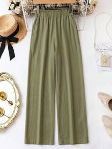SHEIN LUNE Women's Pure Cotton Army Green Textured Paper Bag Waist Long Pants Spring Autumn - Army Green - View 5