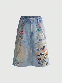 ROMWE Plus Size Women's Distressed Washed Chain & Badge Print Wide Leg Jeans - Blue - View 1