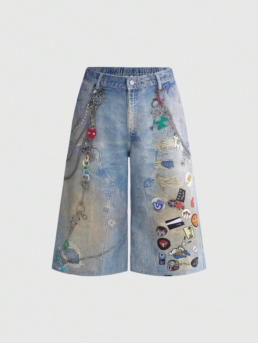 ROMWE Plus Size Women's Distressed Washed Chain & Badge Print Wide Leg Jeans - Blue - View 1