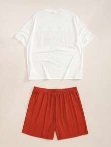 LOONEY TUNES X SHEIN Men's Versatile Letter Print Crew Neck Short Sleeve T-Shirt And Drawstring Waist Pocket Shorts Set - White - View 2