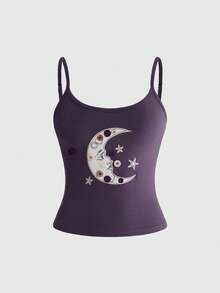 ROMWE Dark Gothic Vintage Hippie Moon & Star Patchwork Embroidered Button Design Fitted Camisole - Purple - View 1