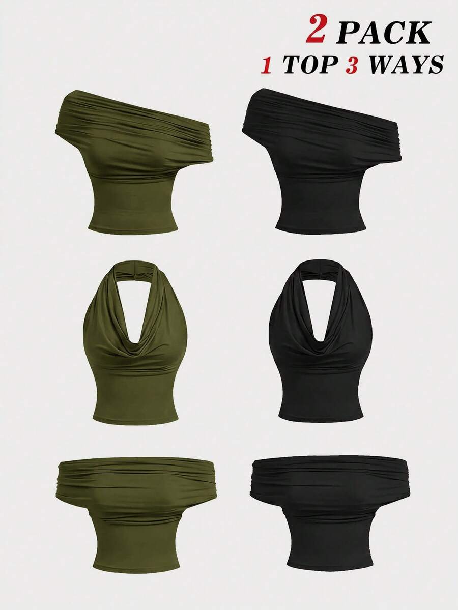 SHEIN MOD 2件組 女款三種穿法休閒純色修身上衣,C - 軍綠色 - 查看 1