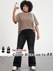 SHEIN CURVE+ Áo thun dáng rộng vai trễ kẻ sọc phong cách thường ngày mùa hè size lớn - Nhiều màu - Xem 1