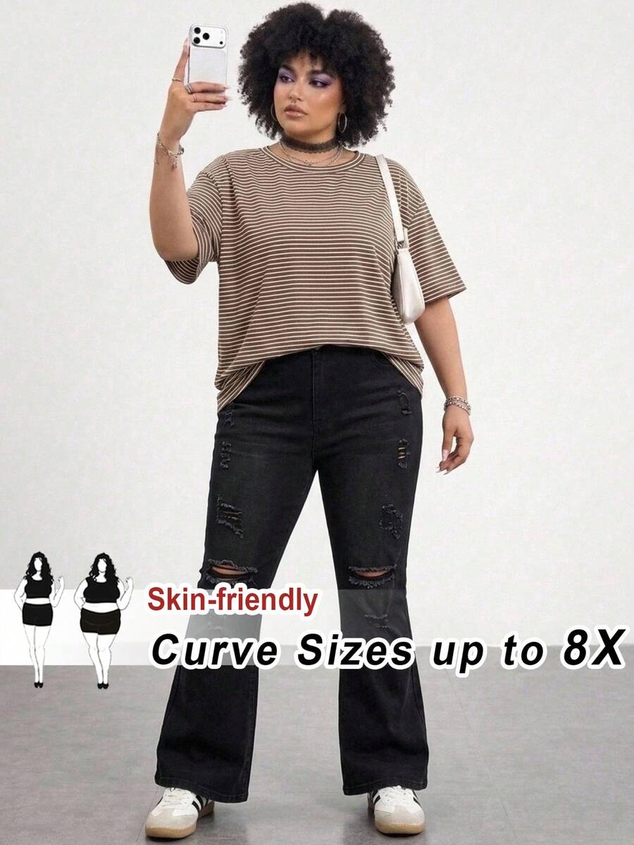 SHEIN CURVE+ Áo thun dáng rộng vai trễ kẻ sọc phong cách thường ngày mùa hè size lớn - Nhiều màu - Xem 1
