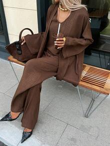 Livesso Autumn Brown Flare Sleeve Long Cardigan Vest Straight Leg Pants 3 Pieces Set, Loose Office Commute Wedding Vacation Casual Women's Outfit - Brown - View 5