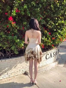 Skyraze Women's Floral Print Asymmetric Ruffle Hem Halter Mini Dress,All Shades Of Brown,Summer,Cottage Core,Date,Spaghetti Strap Marble Print Party Dresses - Multicolor - View 3