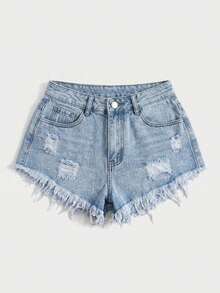Plus Size Women Distressed Frayed Hem Denim Shorts - Light Wash - View 2
