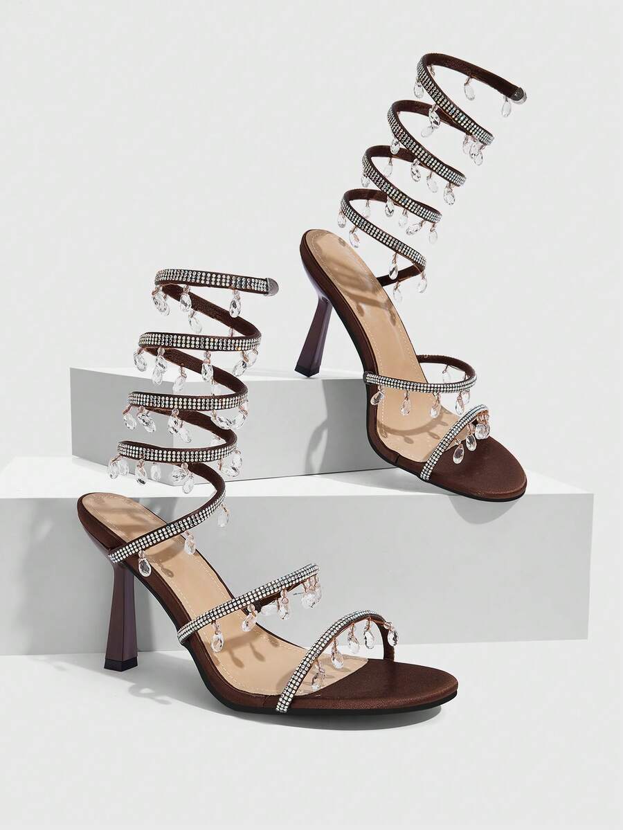 CUCCOO SZL Women's Rhinestone Embellished Wrap-Around Design Glamorous High Heel Sandals For Christmas Spring Shoes Prom Heels Summer Shoes - Brown - View 1