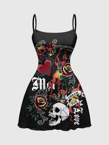 ROMWE Street Life Dark Punk Music Festival Mysterious Heart & Thorn Allover Print Sexy Spaghetti Strap Stretchy Plus Size Dress, Spring/Summer - Black - View 5