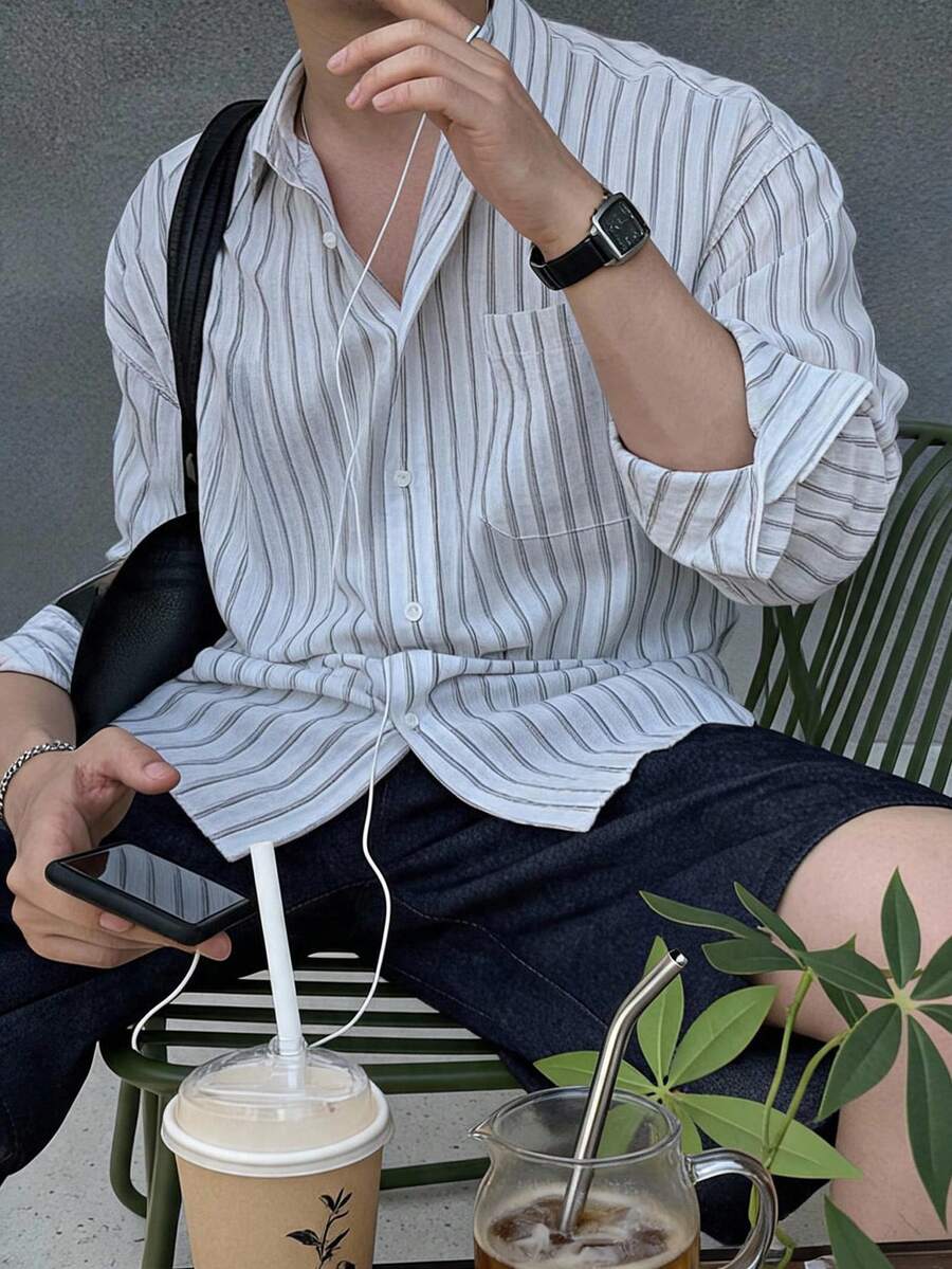 DAZY 男士灰色長袖寬鬆通勤襯衫 夏季 - 彩色 - 查看 1