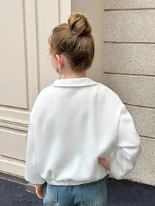 SHEIN 少女白色落肩拉链半开襟短款卫衣，适合秋冬季节日常休闲穿着。白色拉链卫衣 白色卫衣 拉链卫衣 白色卫衣 少女卫衣 秋季 - 白色 - 查看 13
