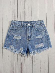 SHEIN Teen Girl Distressed Frayed Edge Slanted Pocket Denim Shorts - Light Wash - View 4