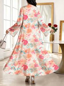 SHEIN Najma 女款花卉植物夢幻配色印花優雅阿拉伯式長袍，春秋時尚長袖前開襟長外套，舒適緞面阿拉伯風服飾 - 彩色 - 查看 4
