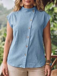 SHEIN LUNE CURVE 休閒度假日常通勤大尺碼女款單排扣襯衫 - 藍色 - 查看 3