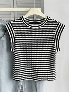 SHEIN 少女春夏季新款卡其色白色條紋紋理圓領短袖休閒T恤，簡約百搭流行元素 - 黑色 - 查看 6