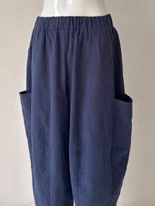 SHEIN Women's Vintage Casual Lantern Pants Loose Comfortable Pumpkin Pants Ramie Linen - Dusty Blue - View 7