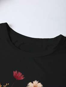 EMERY ROSE Camiseta de manga larga de estilo casual y gran tamaño con estampado de bordado de flores secas de estilo artístico - Negro - Ver 3