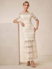 Anewsta Women's Elegant Romantic Lace Hollow Out Bodycon Dress Wedding Formal Office Off-White Summer - Apricot - View 4
