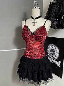 Attitoon Regata Feminina Ajustada com Patchwork de Renda e Estampa de Leopardo, Versátil e Casual - Vermelho - Visão 8