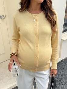 SHEIN Elegant långärmad cardigan med knappar fram för dagligt mode under graviditet - Gul - Visa 10