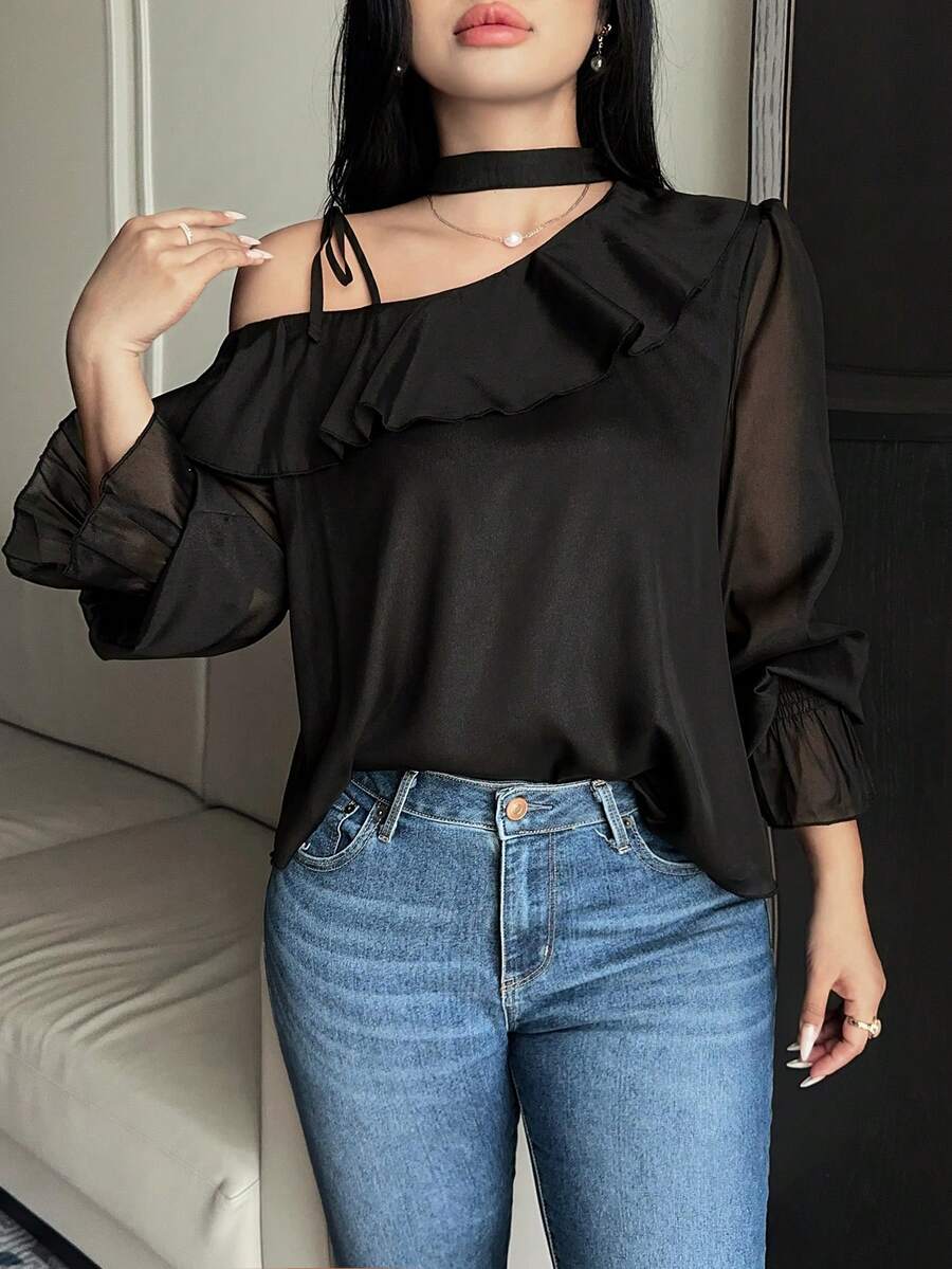 Dazy Plus Black Satin Fabric Solid Color Asymmetrical Shoulder Ruffle Trim Flared Sleeve Elegant Spring Summer Autumn Blouse - Black - View 1