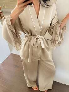 DAZY 2pcs Elegant Contrast Color Lace Trim Sleeve Decor Women's Sleepwear Set, Summer Pajamas - Beige - View 1