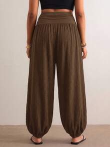 Freevana Plus Size Women Solid Color High Waist Pleated Casual Lantern Pants - 咖啡棕 - 查看 2