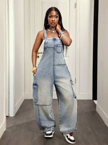 Slaydiva Women's Denim Cargo Pocket Super Loose Overalls - Blue - View 2