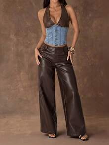 SHEIN Tall Women's Color Block Halter Neck Denim Corset Top - Light Wash - View 5