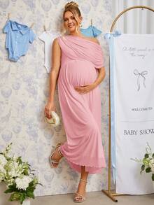 Loomaby Maternity Solid Color Pleated Asymmetric Neck Elegant Dress - Pink - View 10