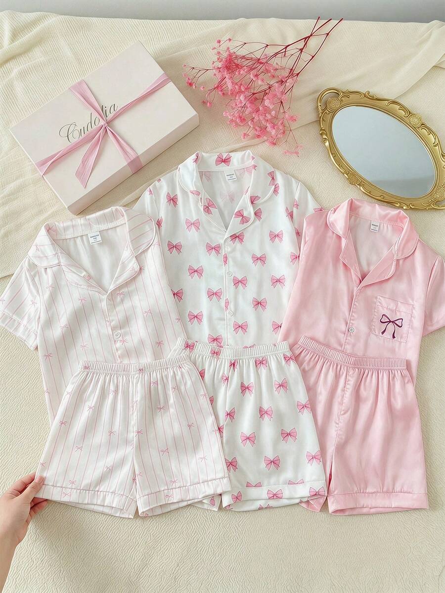 SHEIN 青少年女孩粉色純色簡約優雅短褲與短袖休閒舒適寬鬆兩件式家居服套裝 - 粉色 - 查看 1