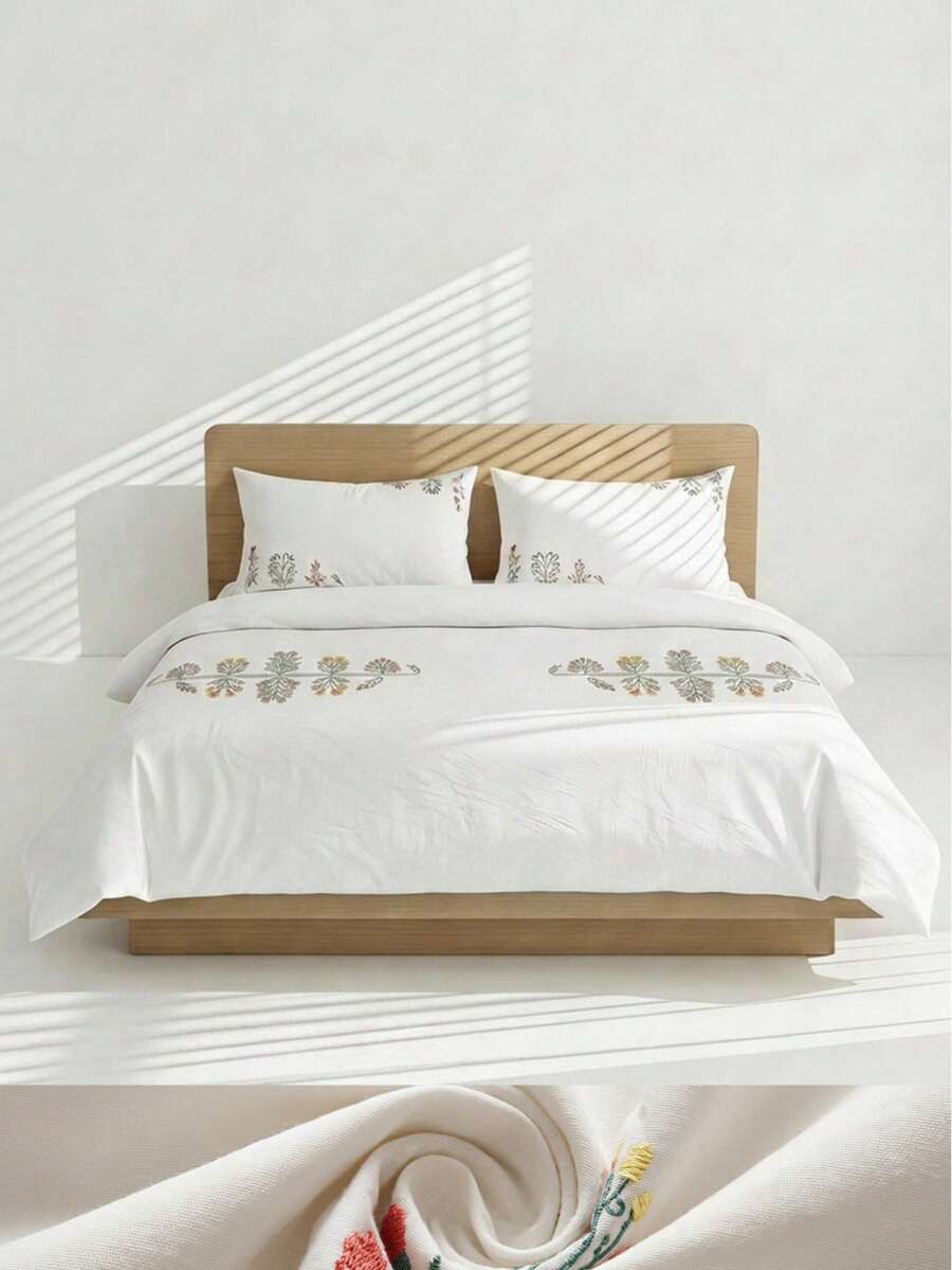 Veyra Day 2/3 PiecesBedding Set, 100% Polyester, Embroidered Floral Pattern Duvet Cover Set. Includes 1 Duvet Cover + 1 Or 2 Pillowcases, No Inner Filling Included, Ideal For Bedroom & Bed Decoration. - White - View 1
