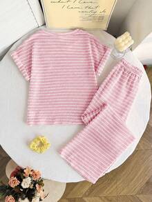 SHEIN Setelan 2 Potong untuk Anak Perempuan Remaja: Kaos dan Celana Panjang Lengan Pendek Kerah Bulat Motif Bintang Laut Bergaris, Kasual Longgar Minimalis Nyaman - Berwarna merah muda - View 2