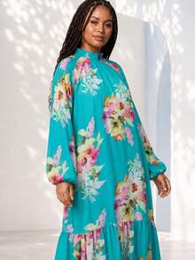 ELLERISSA Vestido midi de talla grande con cuello alto, mangas raglán, cintura caída y estampado floral turquesa - Multicolor - Ver 3