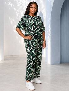 ELLERISSA Mono de pierna ancha y corto con estampado tropical verde en talla grande - Verde - Ver 4