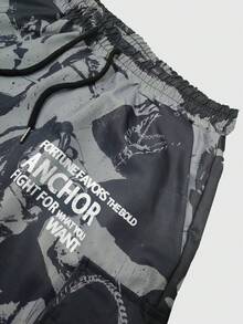 ROMWE MEN Street Life Celana Pendek Kargo Pria dengan Tali Serut dan Motif Huruf, Kasual, Serbaguna, untuk Perjalanan Sehari-hari - Grey - View 3