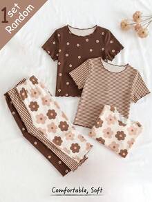 [Randomly Sent 1 Set]Young Girls Pajamas, Spring/Summer/Autumn/Winter, Korean Style, Floral & Striped Print, Wavy Hem Design, Round Neck Short Sleeve Top & Long Pants 2-Piece Loungewear Set, 1 Set - Multicolor - View 1