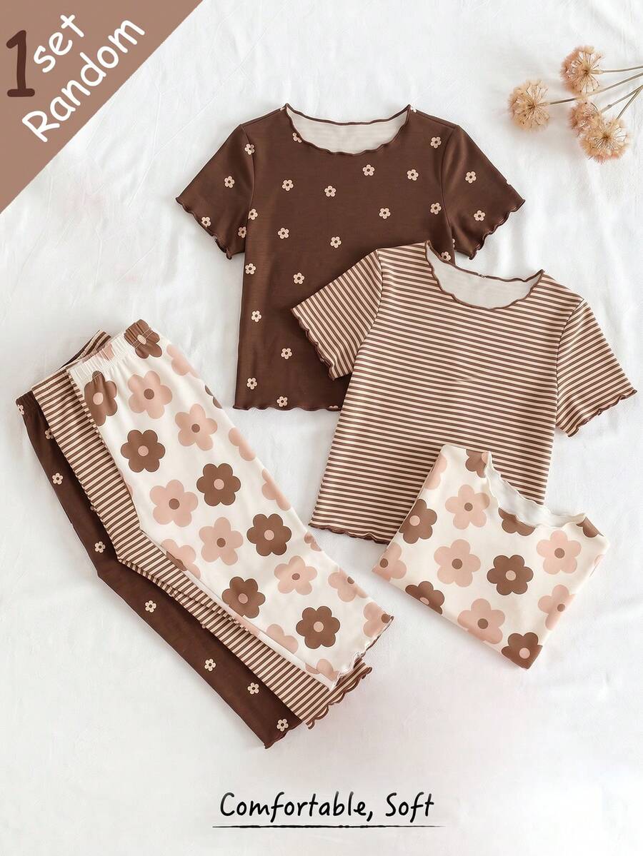 [Randomly Sent 1 Set]Young Girls Pajamas, Spring/Summer/Autumn/Winter, Korean Style, Floral & Striped Print, Wavy Hem Design, Round Neck Short Sleeve Top & Long Pants 2-Piece Loungewear Set, 1 Set - Multicolor - View 1