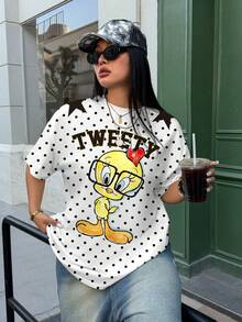 LOONEY TUNES X SHEIN Plus Size Women's Letter Cartoon Print Polka Dot Casual Everyday T-Shirt - White - View 7