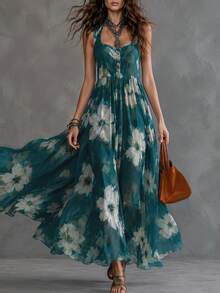 Solivie Women's Floral Print Pleated Casual Party Dress Summer Dress Beach Outfit For Women Vacation Outfits Women Elegant Dress - Green - View 2