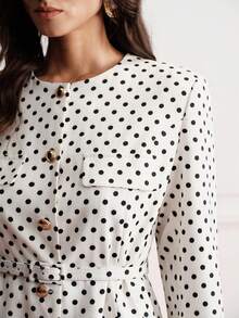 BELROSIE Casual Vintage Elegant Classic Belted Textured Herringbone Long Sleeve Dress Work Date White And Black Polka Dot Autumn - Multicolor - View 2