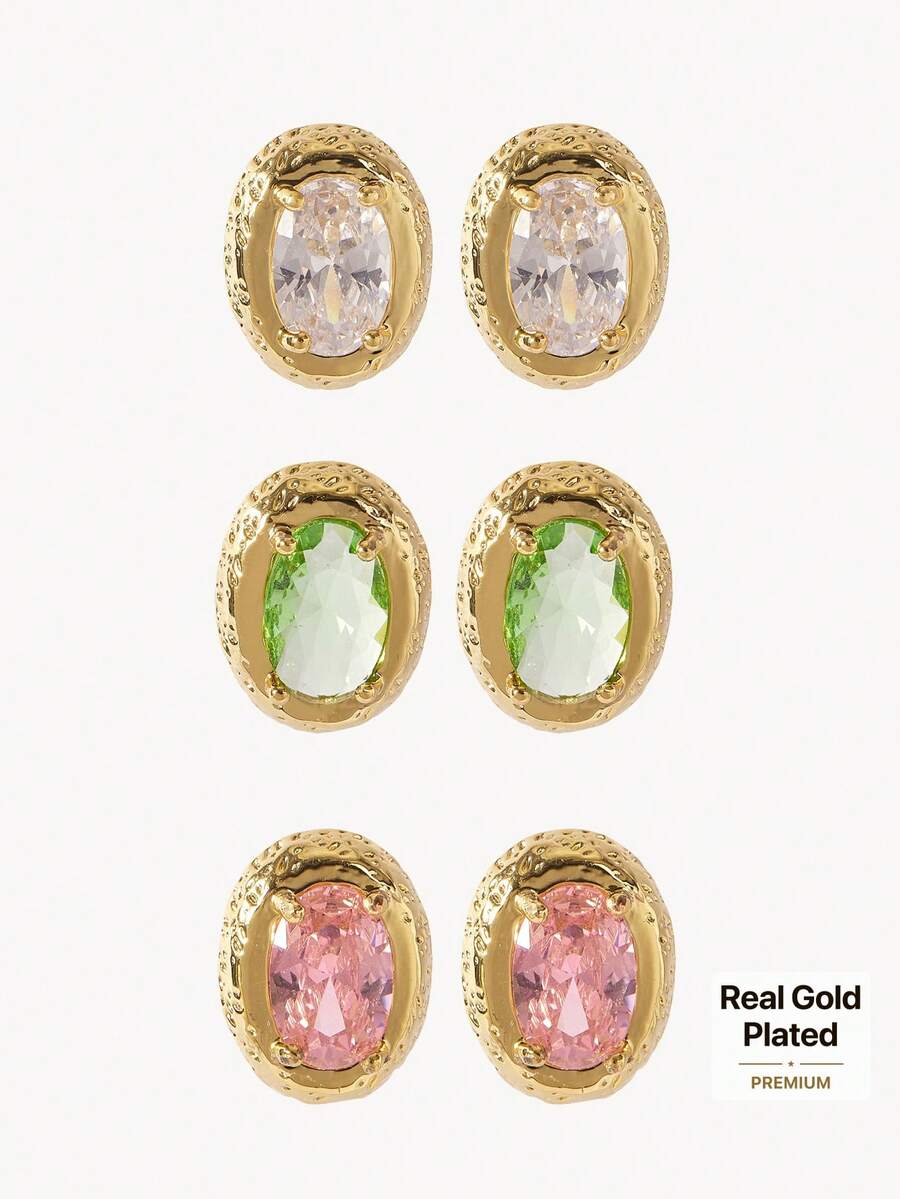 Opalesca 18K Gold Plated Oval Zirconium Stylish Fine Quality Stud Earrings - Yellow Gold - View 1